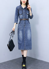 Vestidos largos vaqueros ajustados con cuello Peter Pan azul y fajas de patchwork y mangas de pulsera